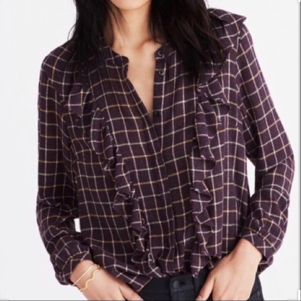MADEWELL PLAID RUFFLE FRONT BLOUSE Purple Metallic